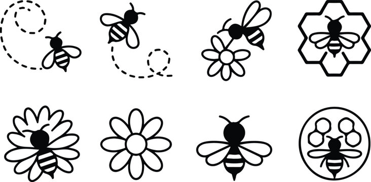 Vintage honey bee and flower sketch vector set with delicate floral elements for rustic artisanal decorative projects