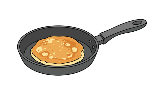 Simple color illustration of a single golden brown pancake cooking in a black frying pan with a grey handle on a white background.