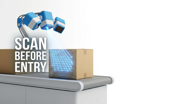 Scan before entry text with cardboard box on conveyor belt being scanned by blue and white 3D scanner emitting light beams for security and inspection process in warehouse or logistics