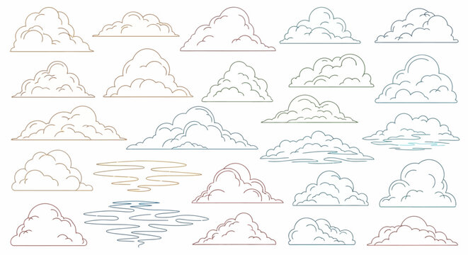 Various cloud types illustrated in different colors and styles on white background.