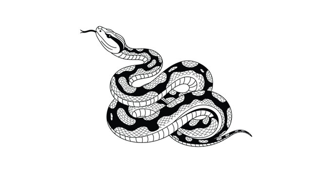 Detailed black and white line art illustration of a coiled snake with a patterned body and flicking tongue on a white background.