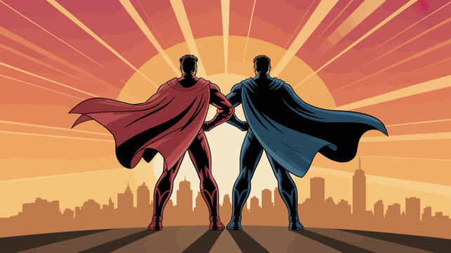 Two superhero figures standing back to back overlooking a city skyline vector illustration high quality professional