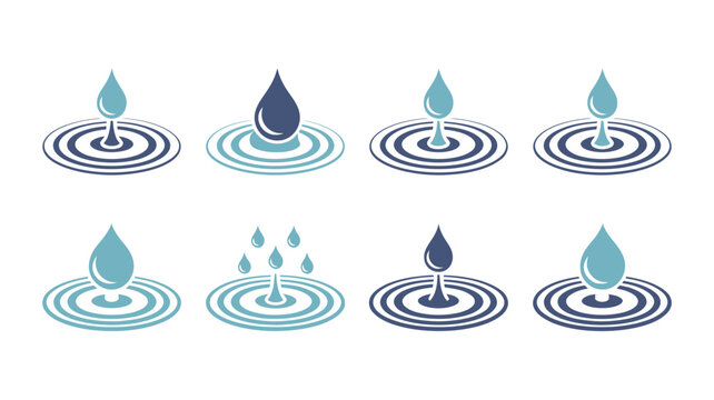 Water drop ripple icons set stylized blue droplets with concentric waves on white background high quality