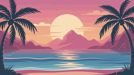 Obraz premium tropical beach landscape with palm trees and mountains vibrant vector illustration high quality professional detailed modern