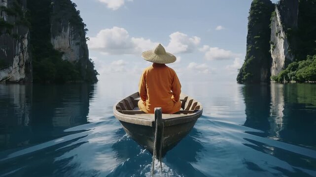 Man rows boat on lake with mountains in background during daytime in Thailand