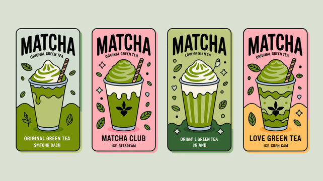 Matcha green tea beverage labels set of four vibrant vintage style illustrations with botanical elements