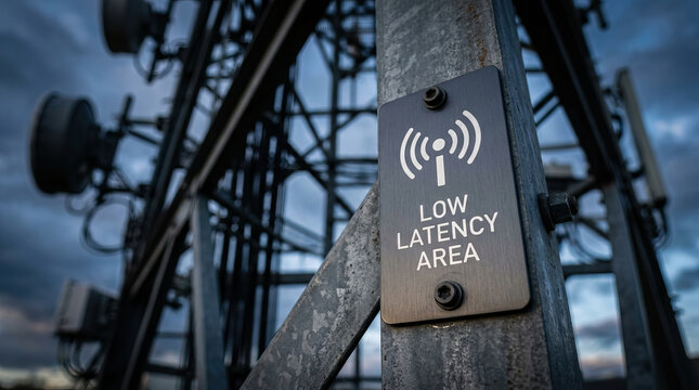 Low latency area sign on metal plate attached to communication tower with antennas and cables under cloudy sky at dusk