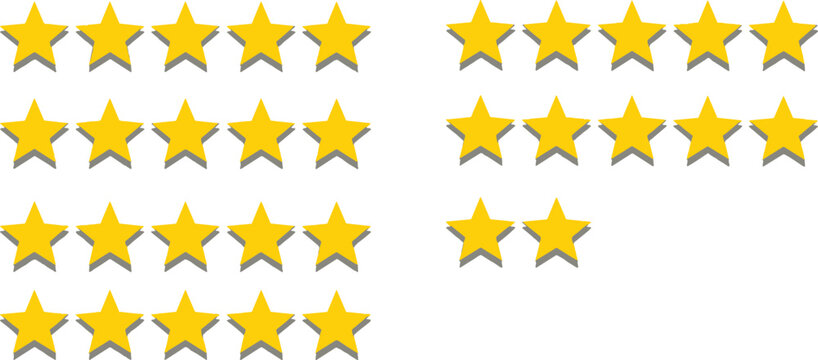 Golden star rating icons collection with five star review levels, customer feedback symbols isolated on white background vector illustration set