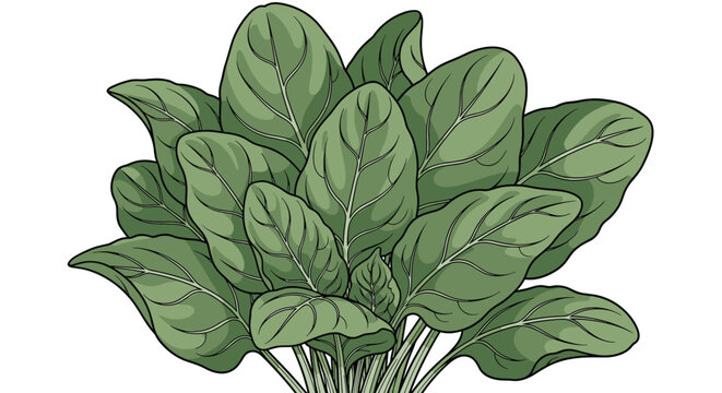 Lush bunch of fresh green spinach leaves with detailed veins and stems in a realistic color illustration on a white background.