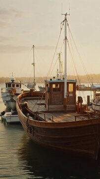 Wooden boat docked in harbor at sunset