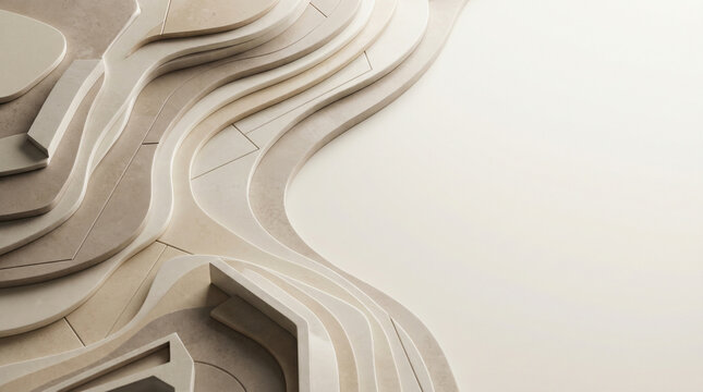 Layered abstract 3D topographic contour background with smooth beige and cream gradient surfaces, geological elevation lines, organic terrain transitions and modern minimal design for mapping and land