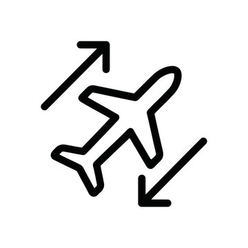 Airplane icon with arrows for arrival and departure, travel and flight concept