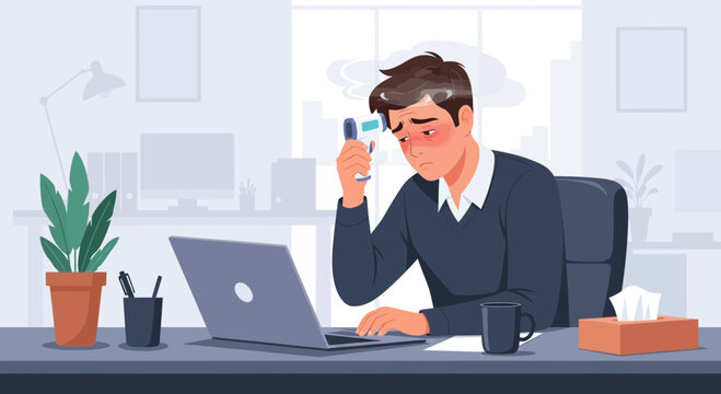 Employee Checks Temperature at Work Demonstrating Sickness, Healthcare, and Health Issues