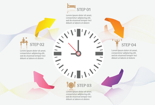 Infographic template with clock and steps