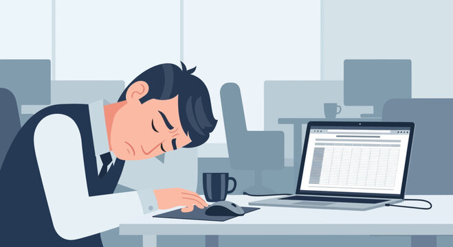 Employee Drained, Overworked at Desk, Illustrating the Heavy Financial Burden