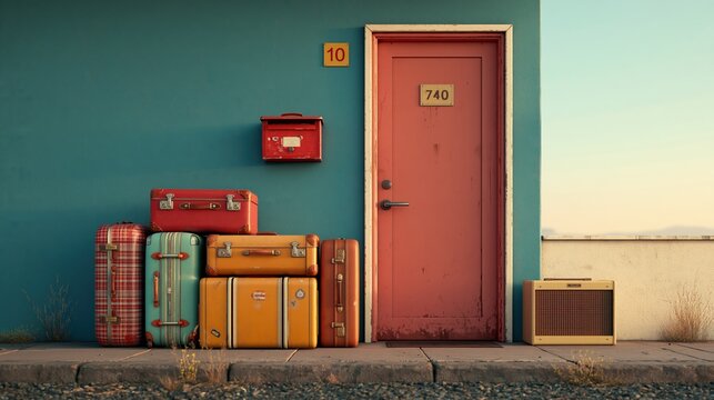 Colorful luggage lined up beside retro motel doorway under evening sky