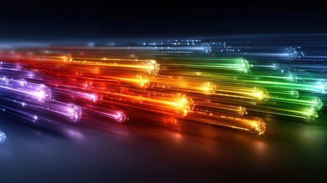 High-Speed Rainbow Glowing Light Trails with Particle Streams, Futuristic Digital Data Transfer Motion Effect, Abstract Technology Background for Network, Telecommunications and Cyber Projects