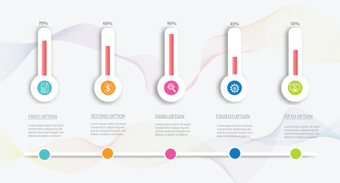 Infographic template with five stages and colorful gauges