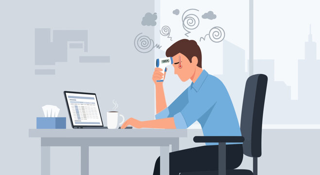 Employee Suffering Illness While Working, Checking Temperature at Desk in the Office