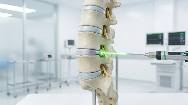 Laser treatment on spinal disc model in medical clinic, advanced technology for pain relief and surgery precision in healthcare environment