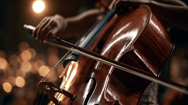A professional female cellist performing with a symphony orchestra at a concert hall.