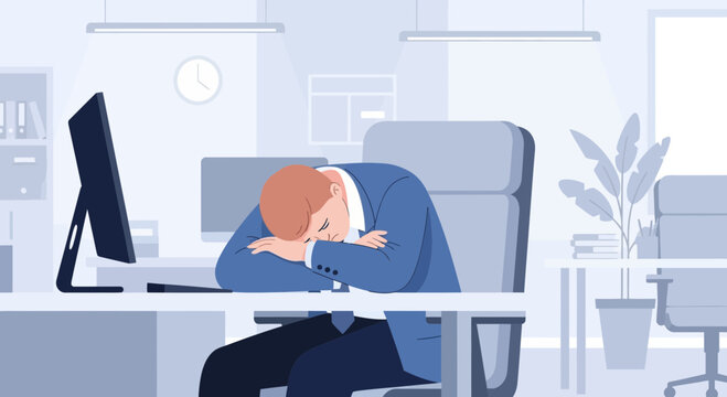 Exhausted Employee Overwhelmed, Sleeping at Desk in Modern Office, Burnout Concept Illustration