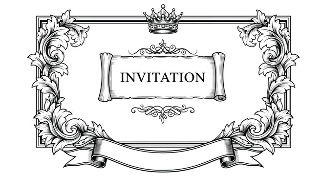 Elegant vintage invitation frame decorated with floral scrolls and a royal crown including a central paper scroll design.