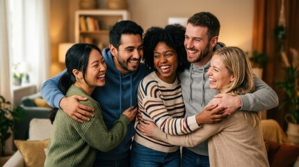 Fototapeta premium Friends embracing in a celebratory hug after a successful soccer match result, emphasizing unity and joy in a home setting.