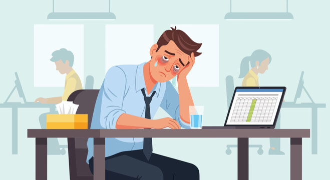 Exhausted Office Worker Desperately Trying to Cope with Stress and Workspace Problems
