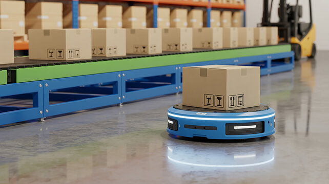 A high-tech warehouse automation scene featuring a blue autonomous mobile robot (AMR) navigating on a polished concrete floor