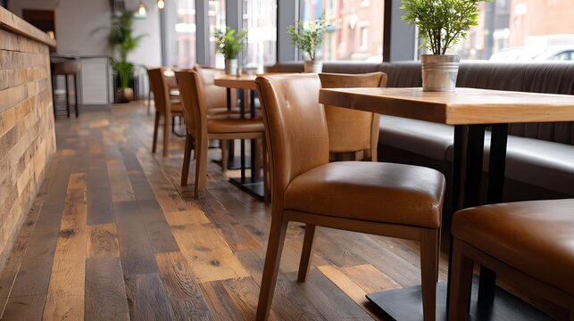A bright inviting interior of a modern cafu00e9 featuring polished wood floors comfortable upholstered seating and natural decor accents