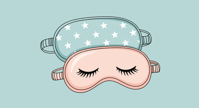Two soft sleep masks for eyes featuring a blue star pattern and a pink version with closed eyelashes on blue.