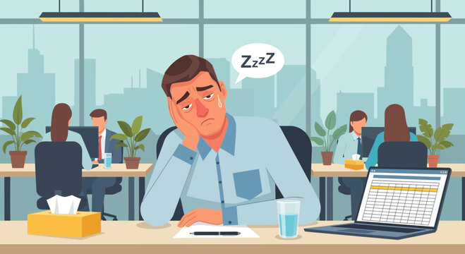 Exhausted Office Worker Battling Fatigue in a Modern Corporate Environment Setting