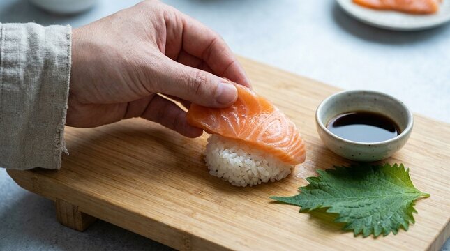 Detailed view of manual salmon sushi assembly on rustic wooden cutting board.