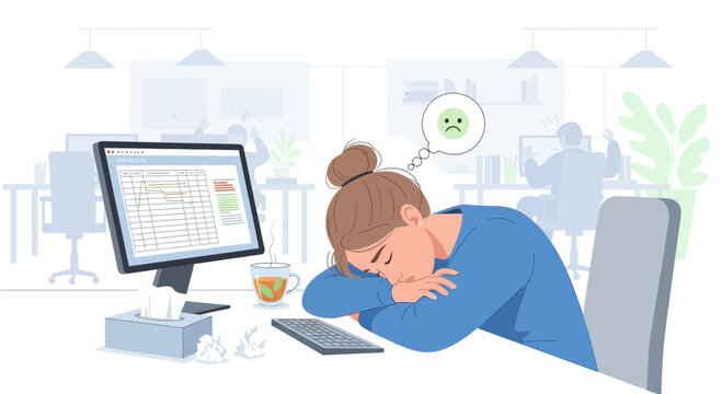 Exhausted Office Worker Napping At Her Desk Alongside A Computer Moniter In Office