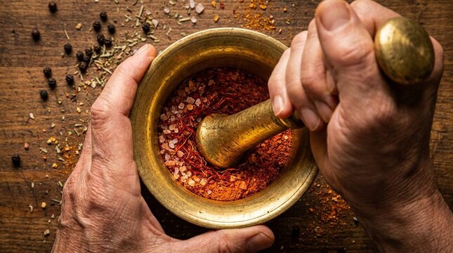 Top view of person crushing organic saffron and pink salt for culinary use.