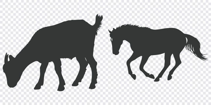 Minimalist flat vector graphic depicting black silhouettes of a cow grazing and a horse trotting in a clean, modern style.