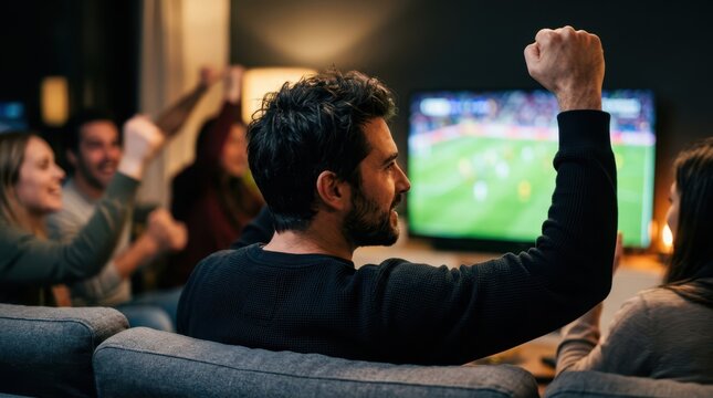 Side-rear view of a man on a couch raising his fist in triumph while watching a blurred soccer game, capturing excitement.