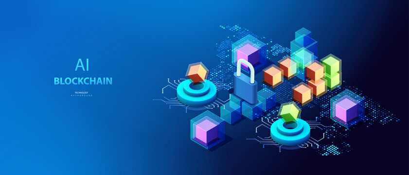 Global board with blockchain cube in glowing blue tones. Cybersecurity and digital blocks infrastructure vector. Ai security technology big data concept.