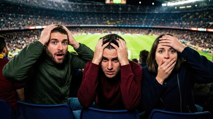 Fototapeta premium Group of football fans reacting with disappointment and disbelief at a stadium during a match, medium close-up, premium stock.