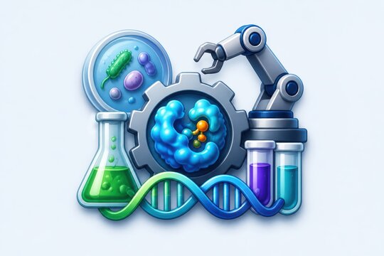 Biotechnology research illustration with laboratory flask robot arm DNA helix and microbial science elements