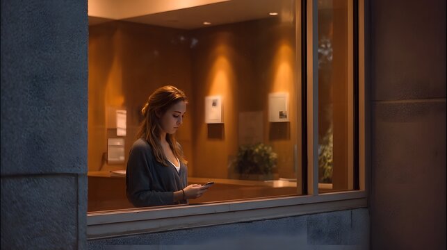 A contemplative woman sits indoors by a window absorbed in her mobile phone under the soft warm glow of the evening light