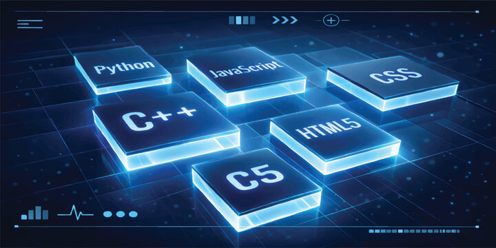Futuristic Programming Languages Interface with Java JavaScript PHP and C Sharp Neon Technology Background