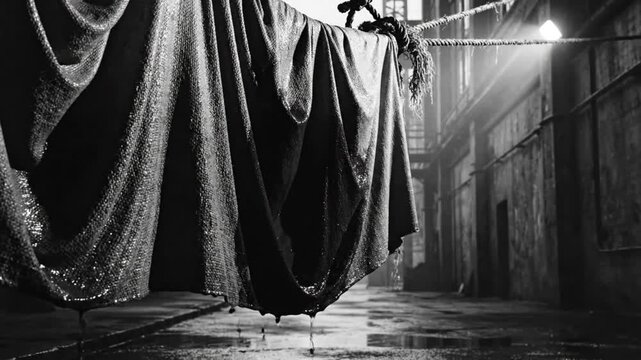 Rain-soaked fabric hangs on a clothesline in a dark, atmospheric alleyway, dripping water