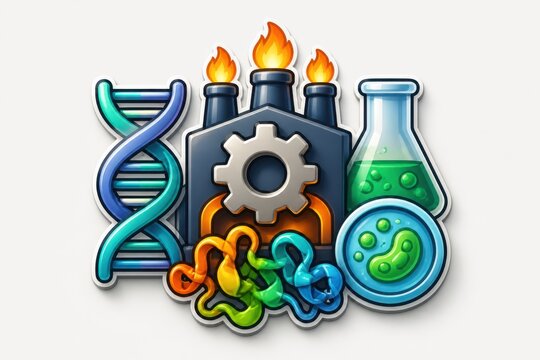 Biotechnology production concept with DNA helix laboratory flask gear and microbial science icons