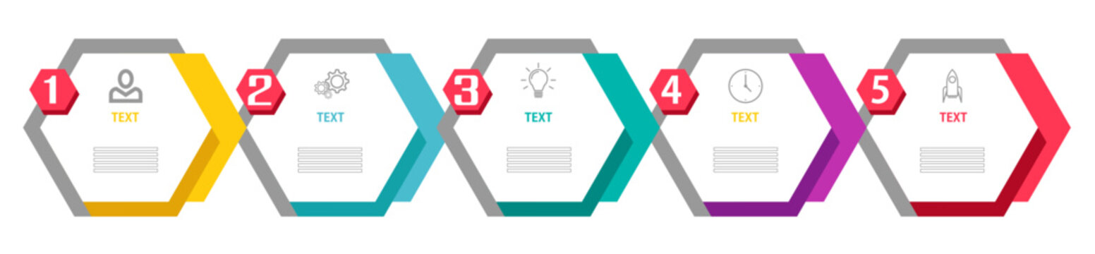 5 Steps business infographic template with hexagonal shape, process timeline chart with icons, flat vector illustration.