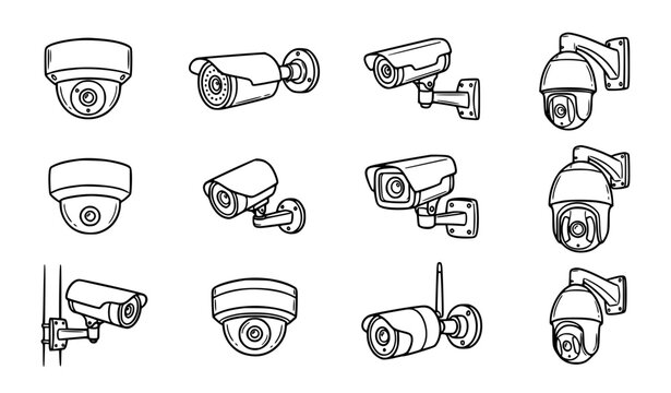 CCTV Camera Sketch Set Black White Security Surveillance Vector Collection
