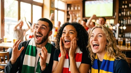 Obraz premium Close-up of excited persons gasping in joy during a daytime football match at a sunlit sports bar, vivid colors.