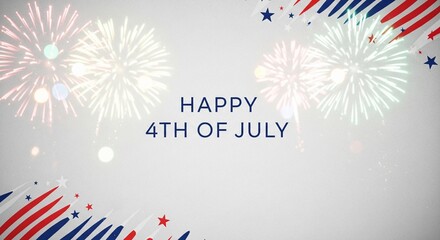 Obraz premium Happy 4th of July text with fireworks and patriotic red white and blue abstract brush strokes and stars on a light background, festive celebration graphic design