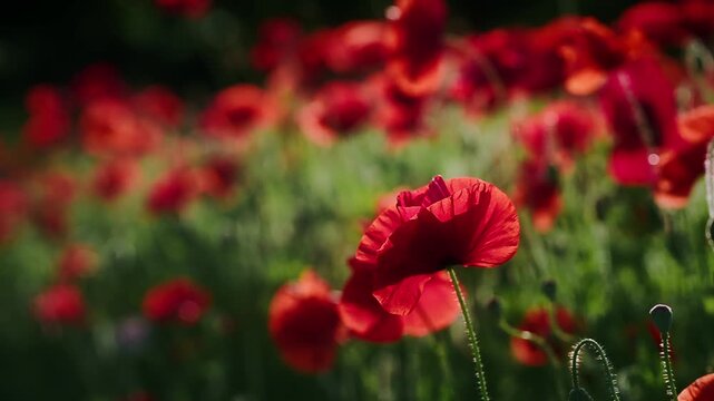 Red poppies blooming in sunny meadow